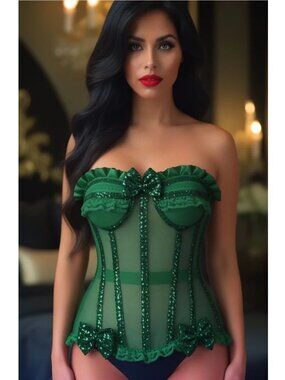 NWT New Top Drawer Steel Boned Green Sequin Underwire Bustier Corset Size XS